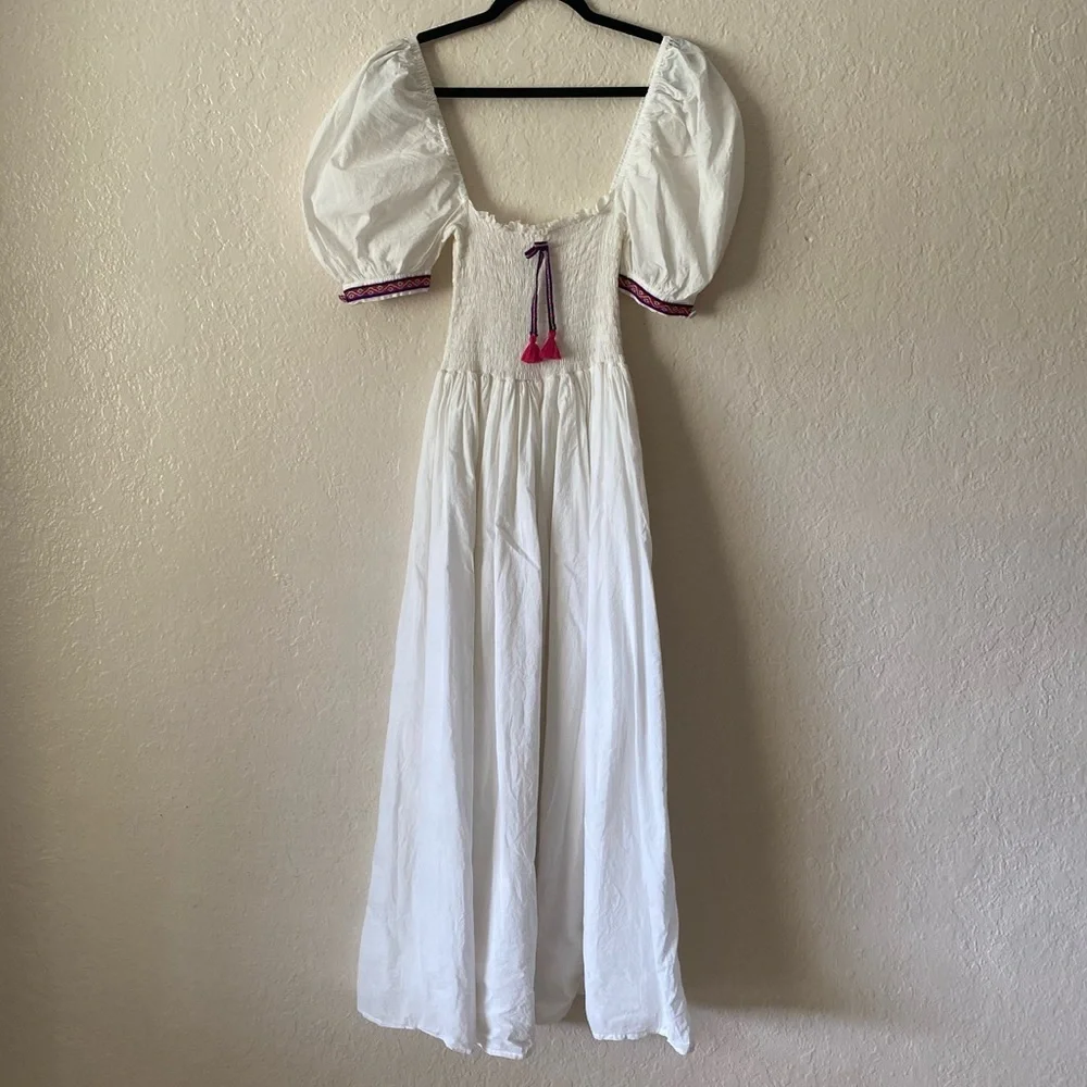 Pitusa Peruvian Cotton Taylor Maxi Dress Size S White Pink Tassels Milk-Maid